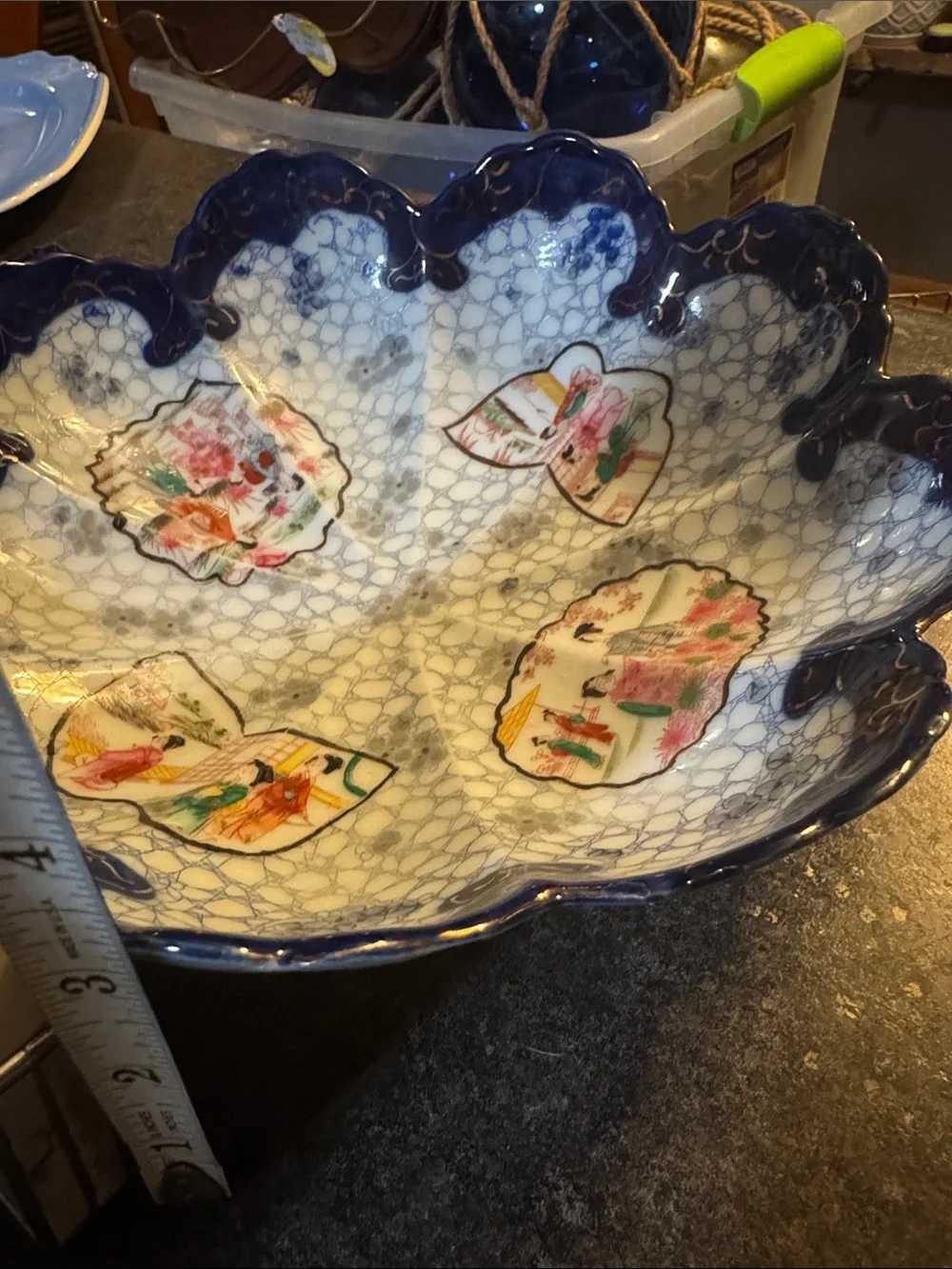 Antique Japanese Kutani Porcelain Geisha Girl Berry Bowls Set - Scalloped 4pc